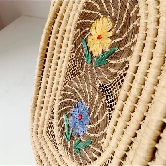 Handcrafted Floral Embroidered Rattan Tote - Picture 3 of 8